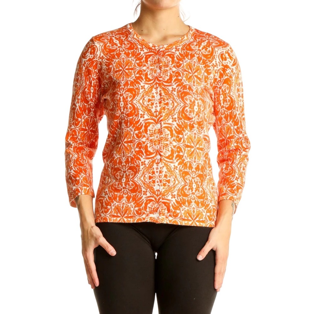 Sarah Spencer Womens Orange Floral Button Front 3/4 Sleeve‎ Cardigan